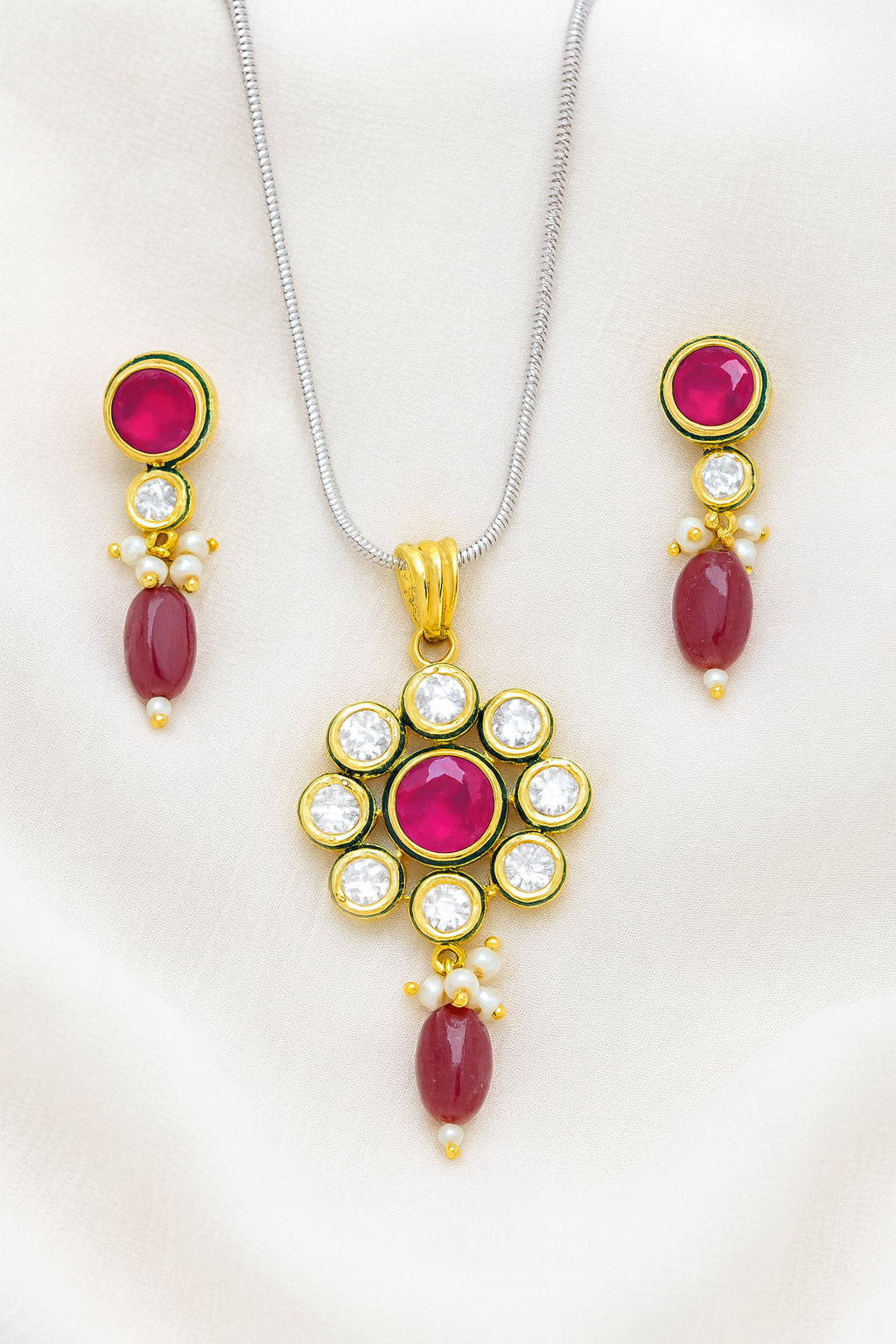 Elegant Ruby & Pearl Floral Pendant Set