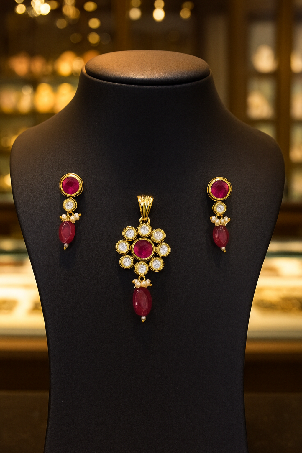 Elegant Ruby & Pearl Floral Pendant Set