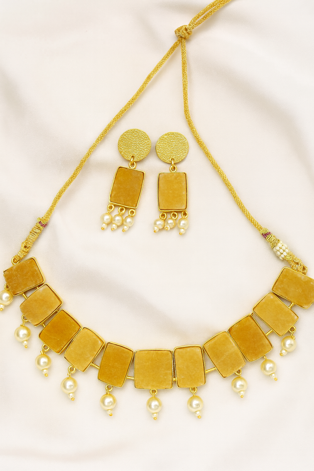 Golden Rectangular Stone & Pearl Drop Necklace Set