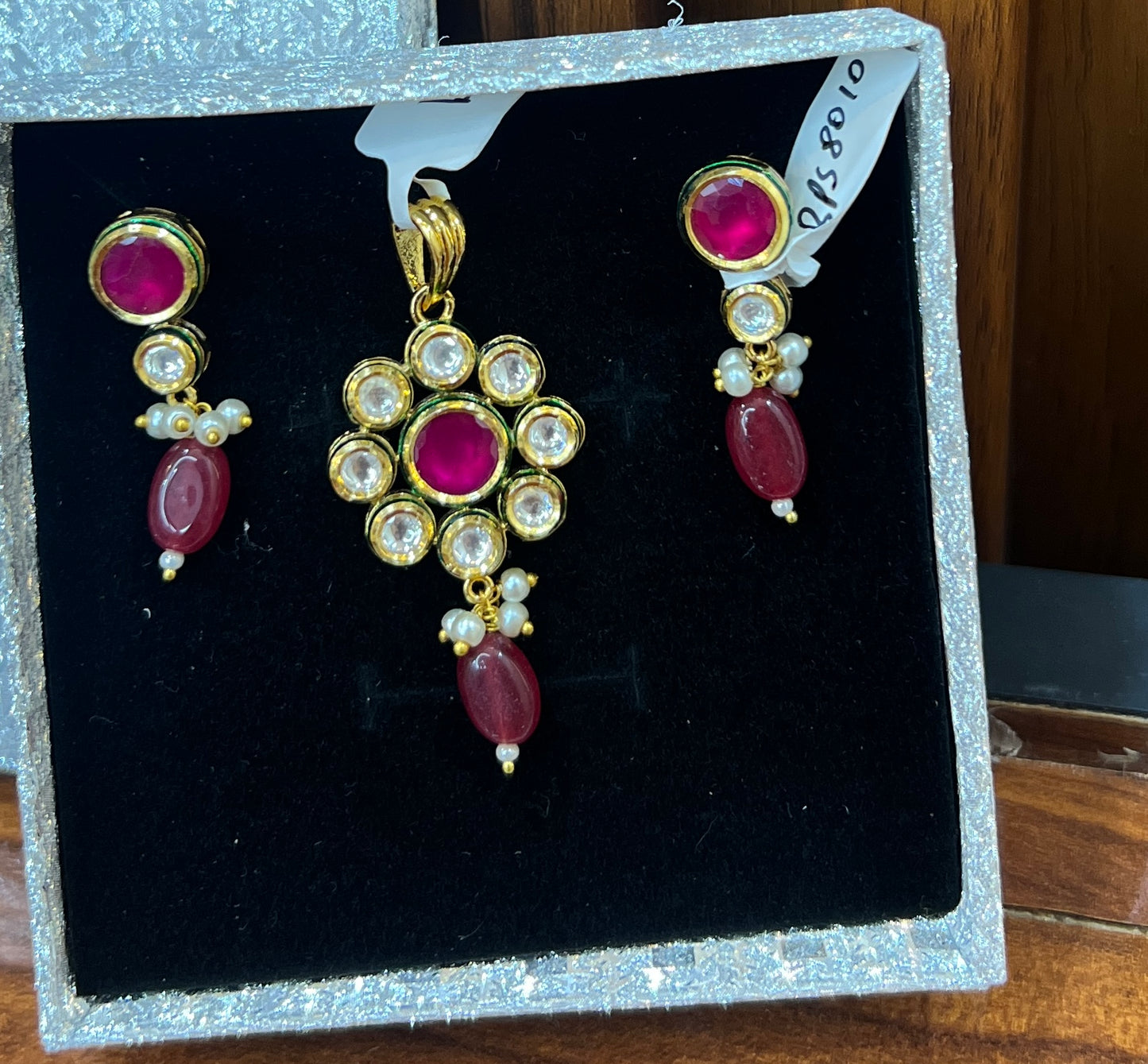 Elegant Ruby & Pearl Floral Pendant Set