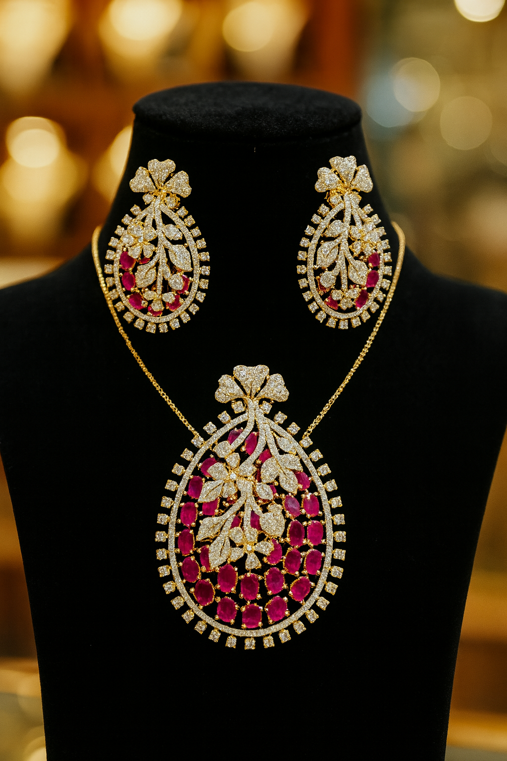Royal Ruby & Diamond Floral Pendant Set