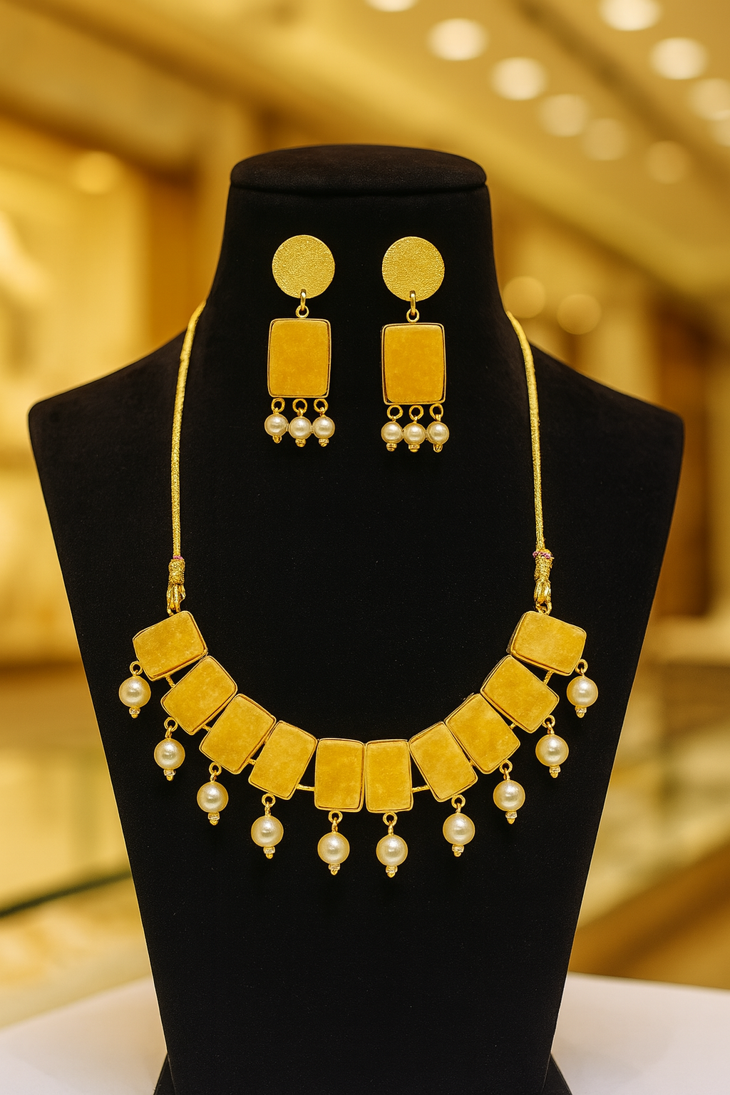 Golden Rectangular Stone & Pearl Drop Necklace Set