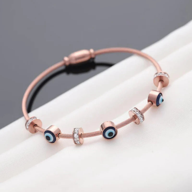 Elegant Evil Eye Rose Gold Bracelet with Crystal Charms