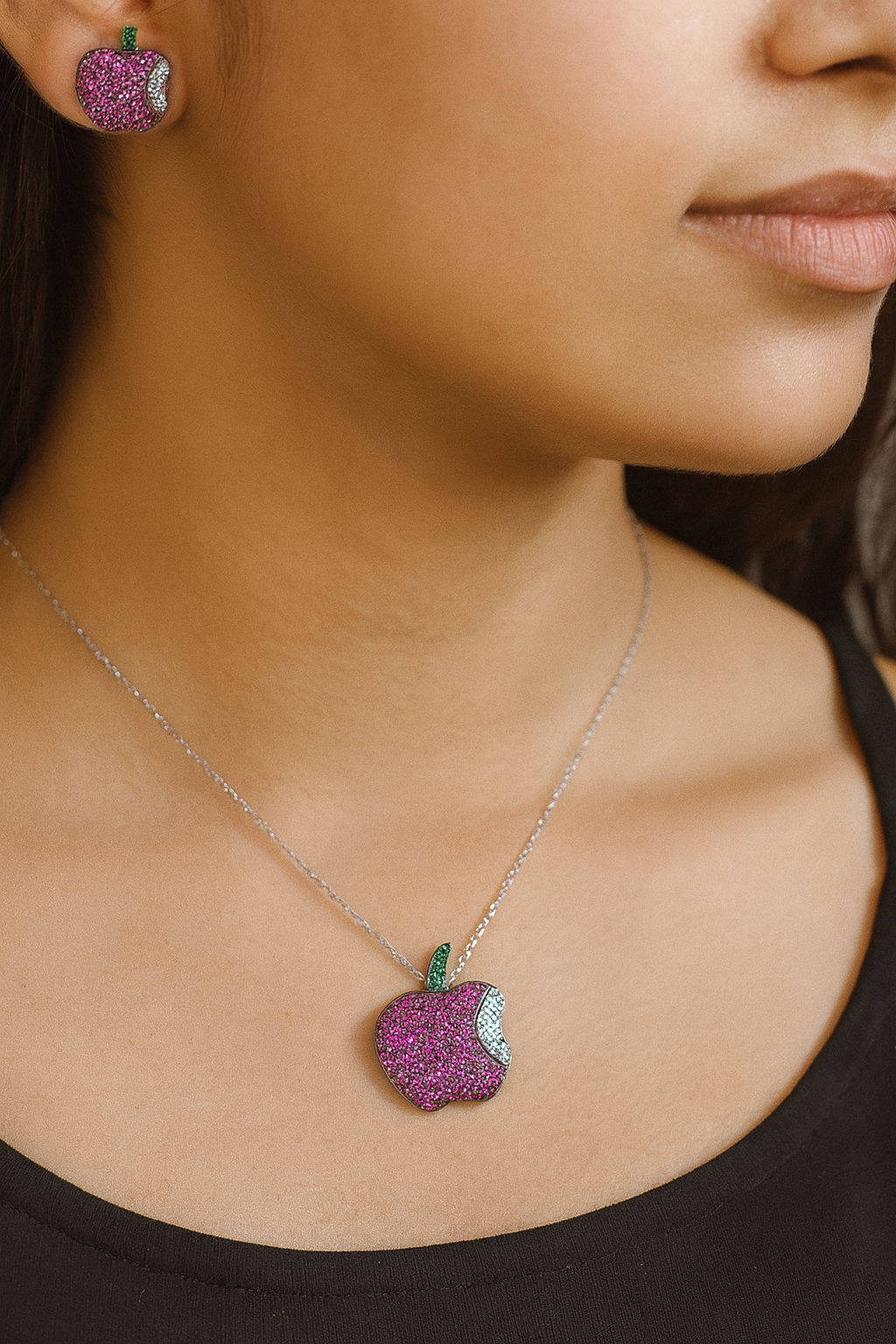 Elegant Pink Apple Pendant & Earrings Set
