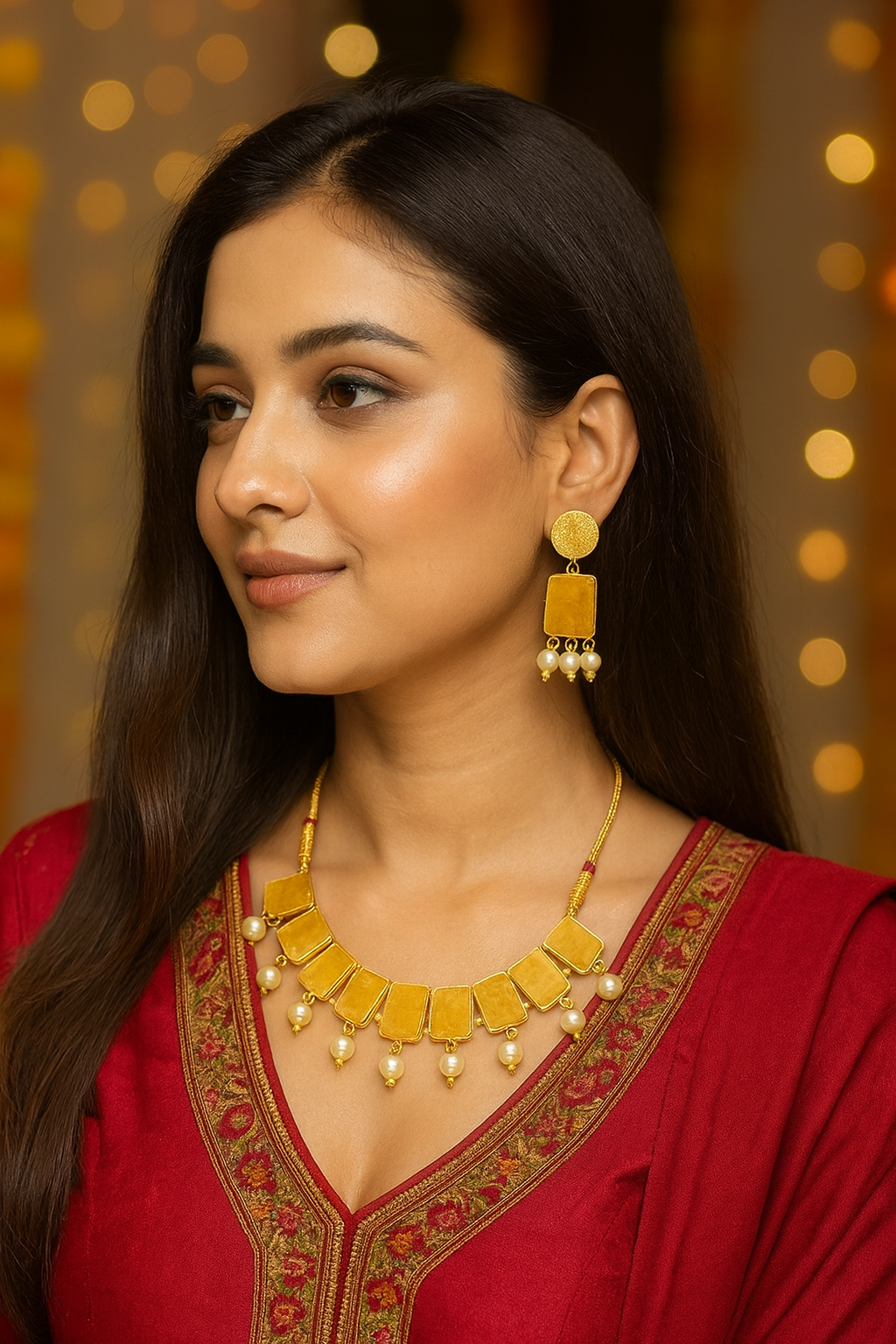 Golden Rectangular Stone & Pearl Drop Necklace Set