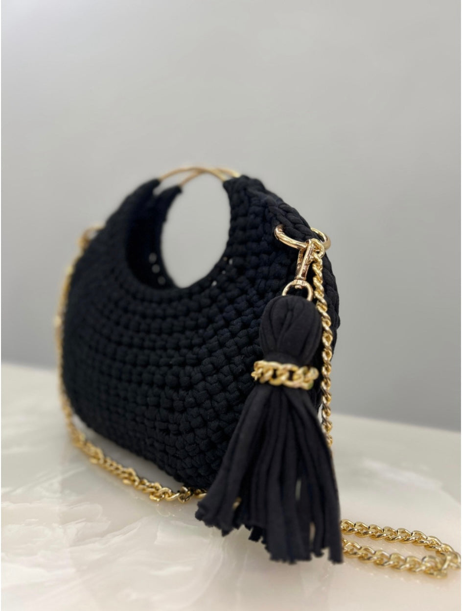 Trendy Black Hand-Crocheted Sling Bag