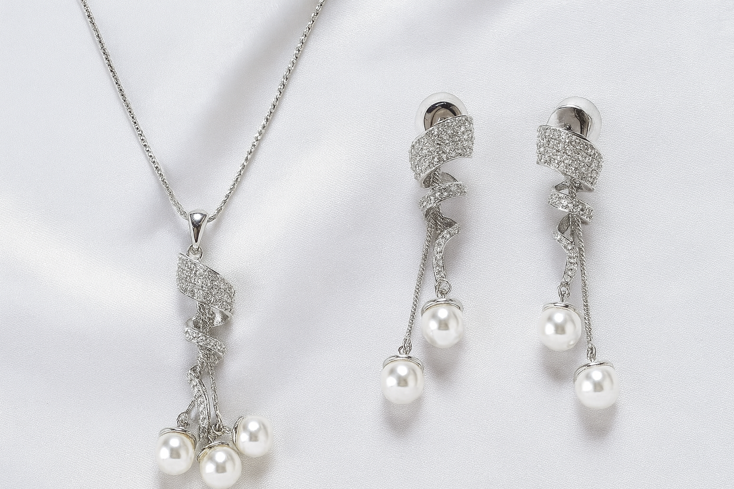 Elegant Spiral Pearl & Crystal Pendant Set