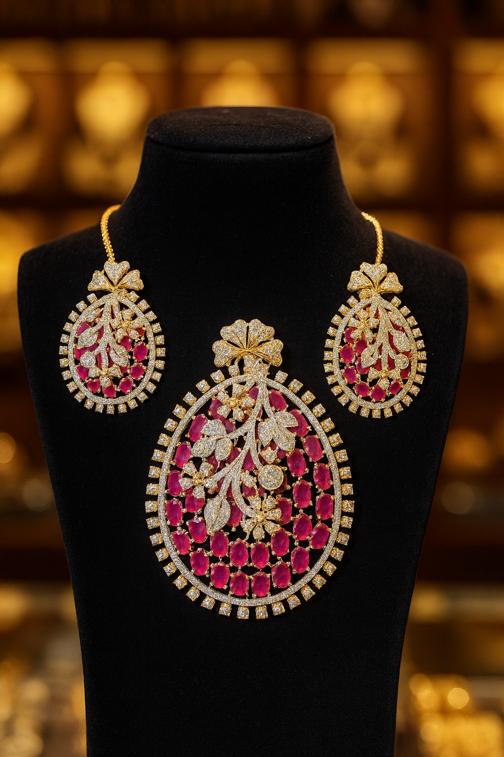 Royal Ruby & Diamond Floral Pendant Set