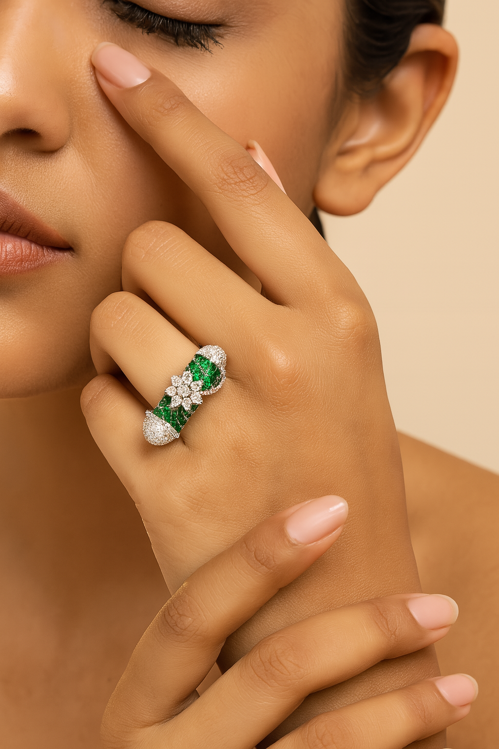 Emerald Sparkle Ring with Floral Accent