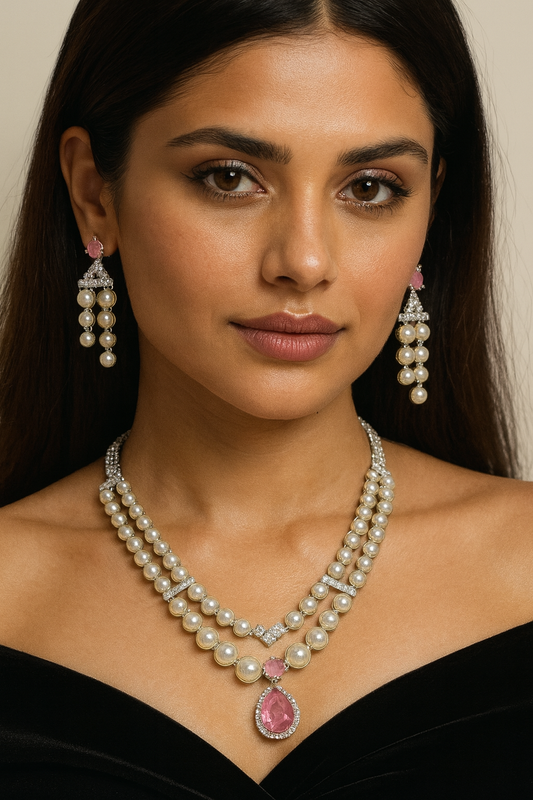 Pearl & Pink Stone Necklace Set