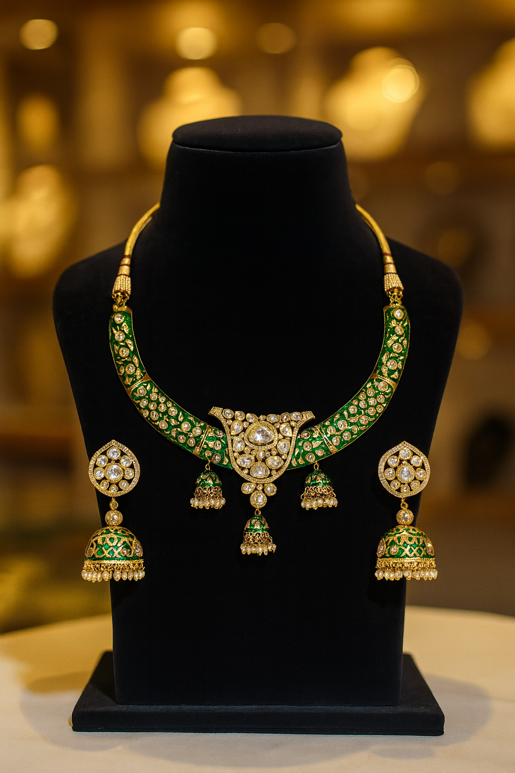 Royal Green Enamel Kundan Necklace Set