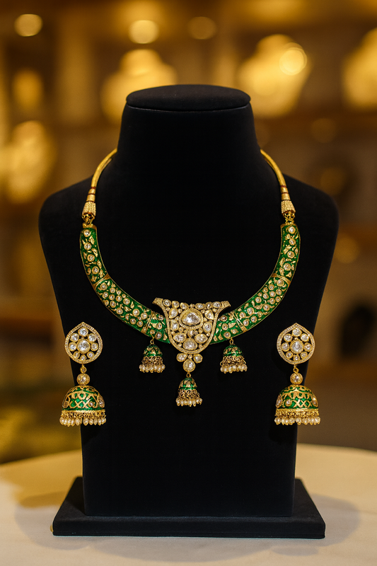 Royal Green Enamel Kundan Necklace Set