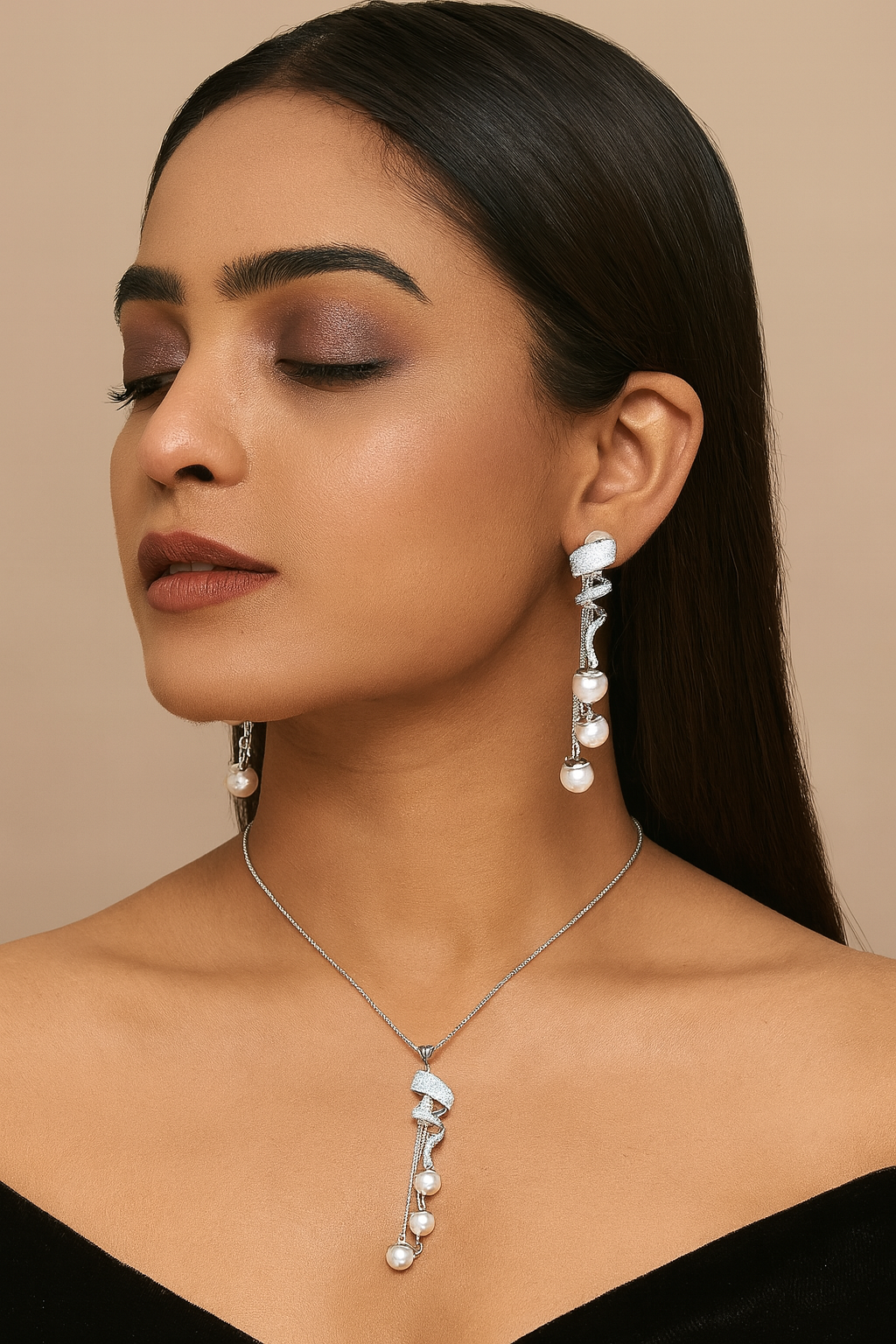 Elegant Spiral Pearl & Crystal Pendant Set