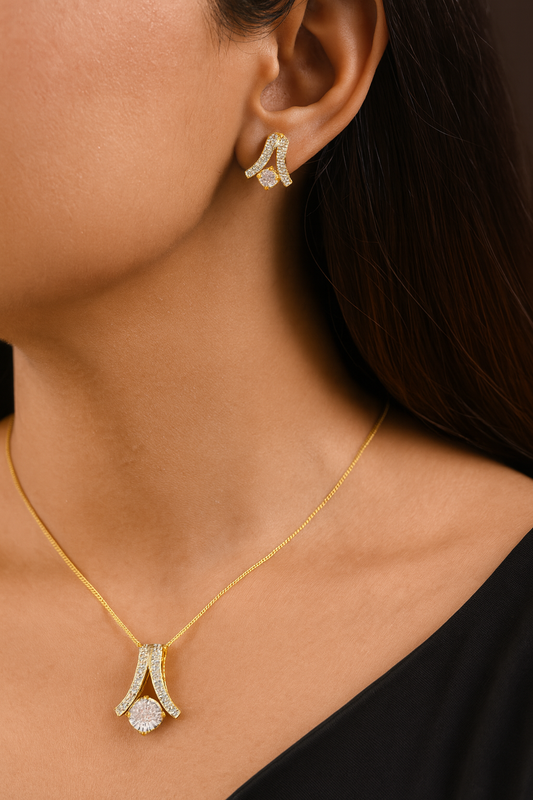 Elegant Gold-Plated Pendant Set with Sparkling Stone & Earrings