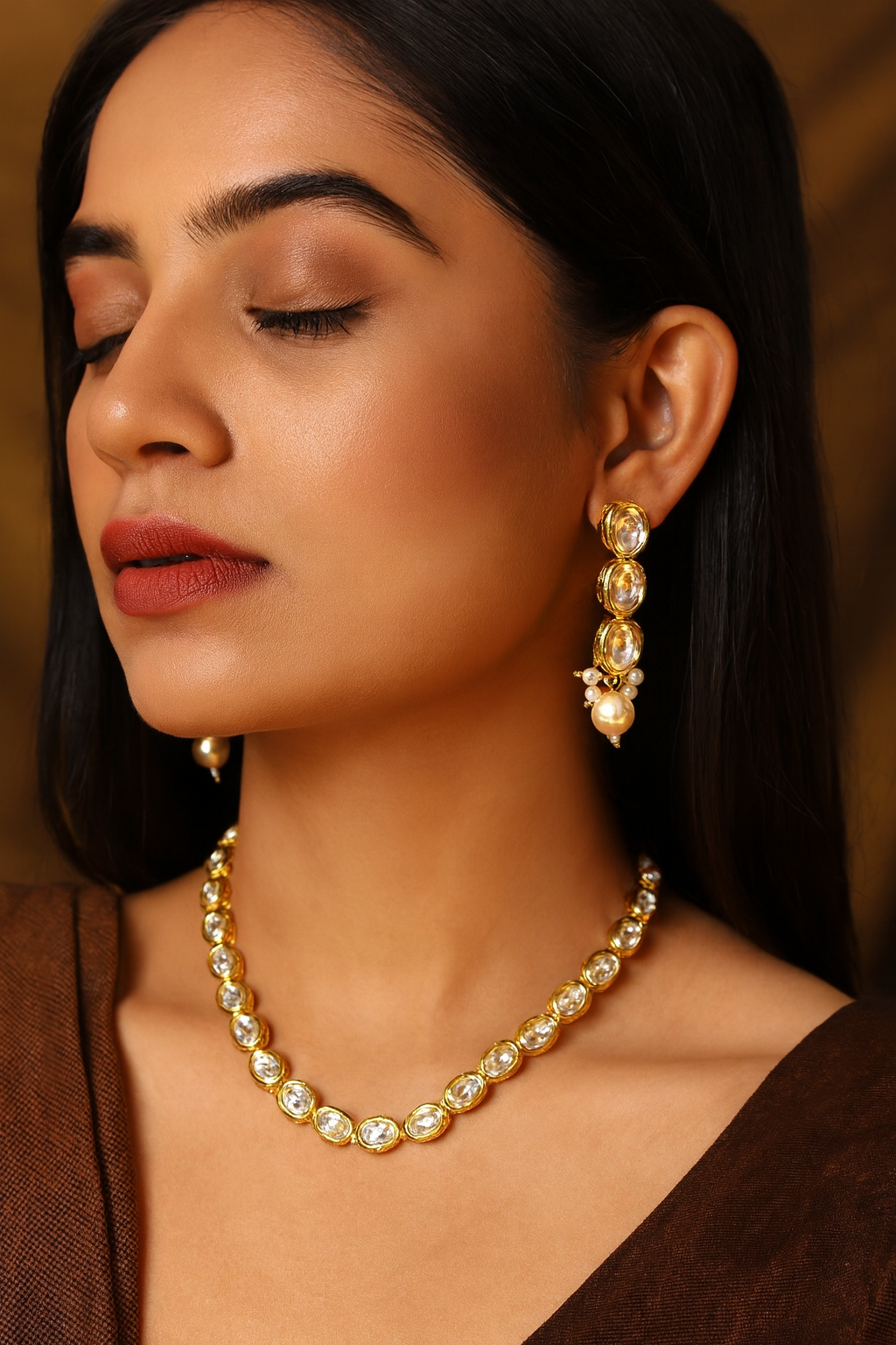 Single Line Kundan Pearl Necklace Set