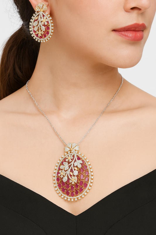 Royal Ruby & Diamond Floral Pendant Set