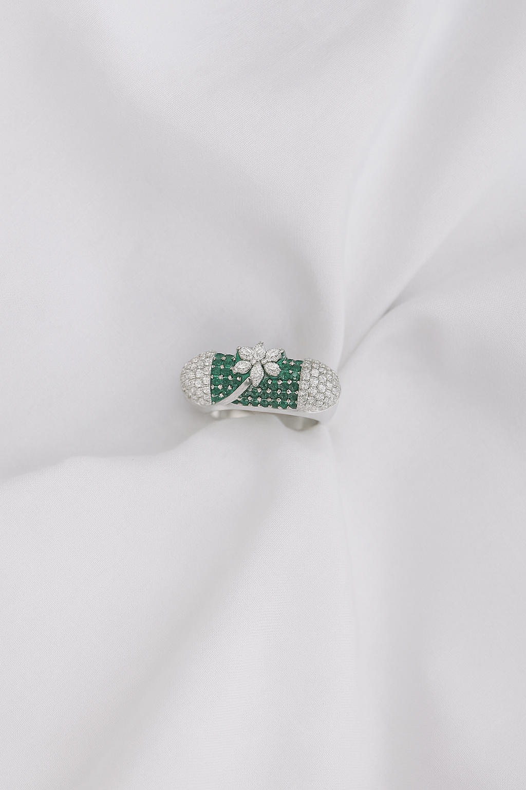 Emerald Sparkle Ring with Floral Accent