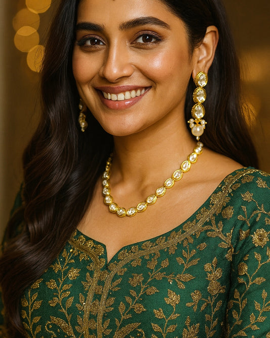 Single Line Kundan Pearl Necklace Set