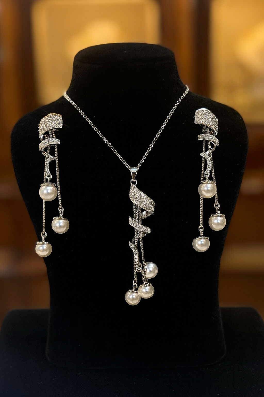 Elegant Spiral Pearl & Crystal Pendant Set
