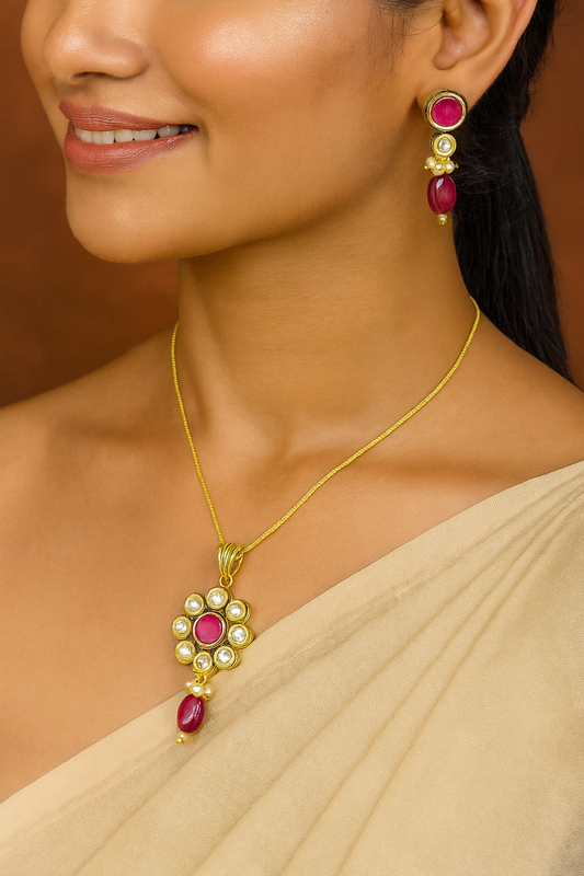 Elegant Ruby & Pearl Floral Pendant Set