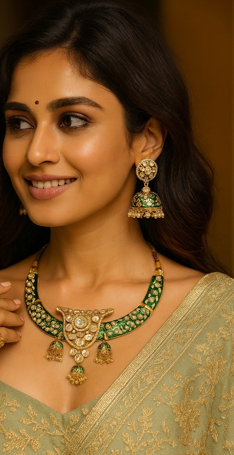 Royal Green Enamel Kundan Necklace Set