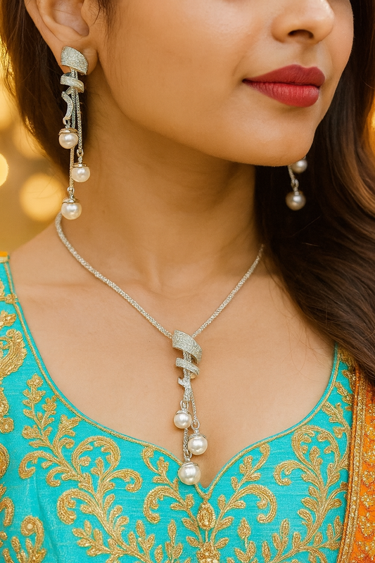 Elegant Spiral Pearl & Crystal Pendant Set
