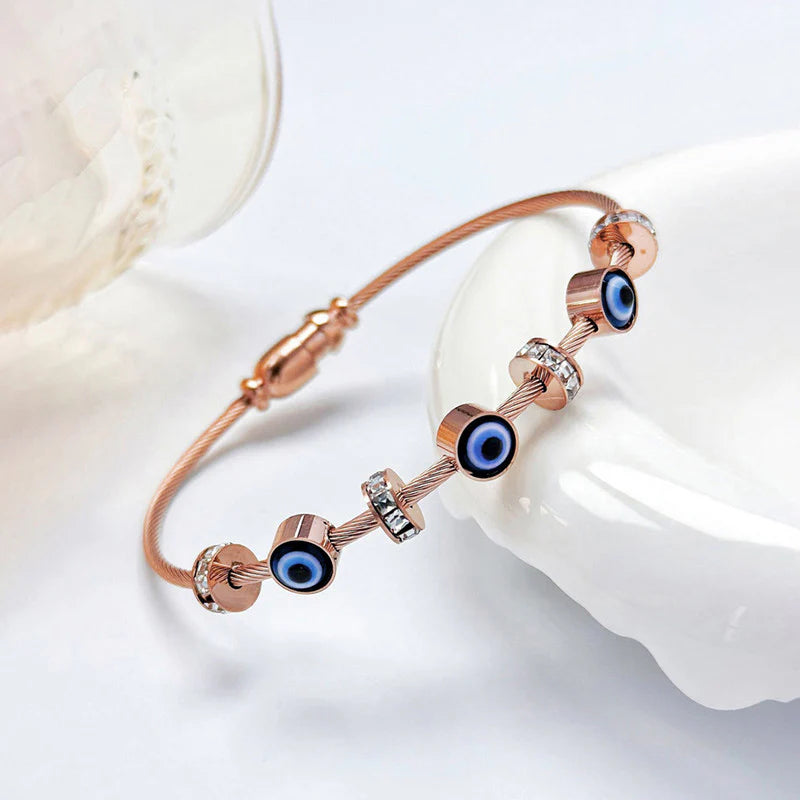 Elegant Evil Eye Rose Gold Bracelet with Crystal Charms