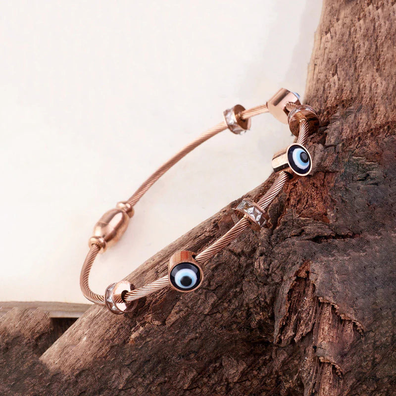 Elegant Evil Eye Rose Gold Bracelet with Crystal Charms