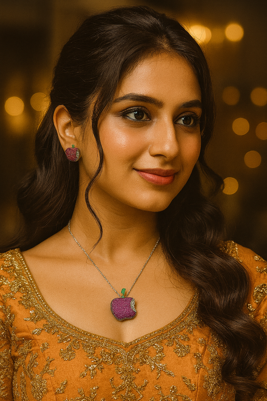 Elegant Pink Apple Pendant & Earrings Set