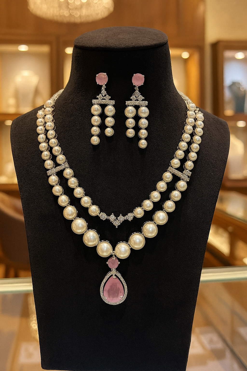 Pearl & Pink Stone Necklace Set