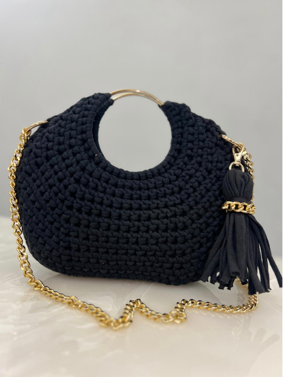 Trendy Black Hand-Crocheted Sling Bag