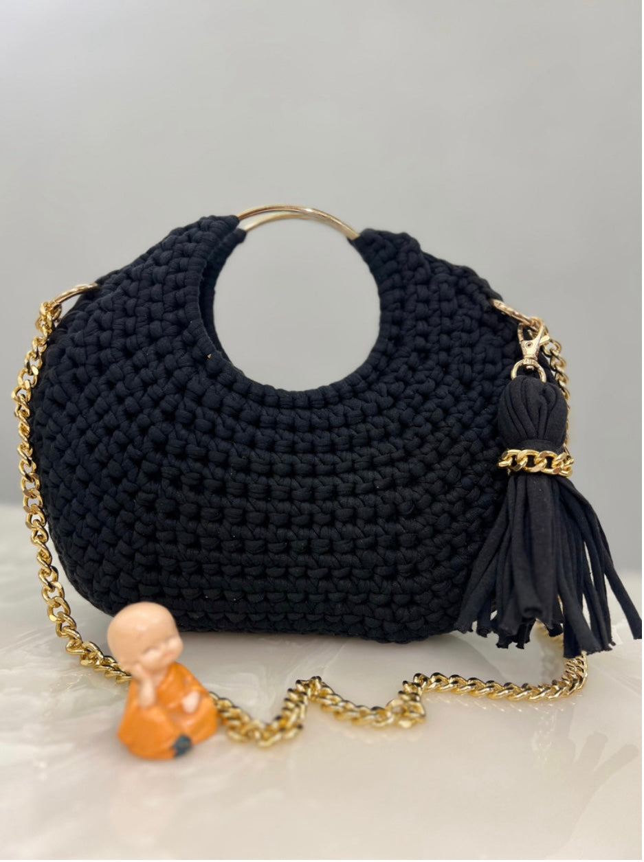 Trendy Black Hand-Crocheted Sling Bag